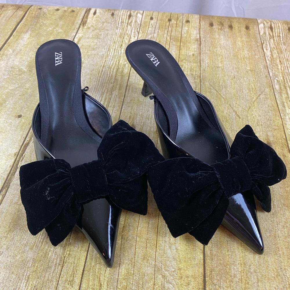 Zara Black Mules Sleek and Stylish Velvet Bow 2.5” Heel